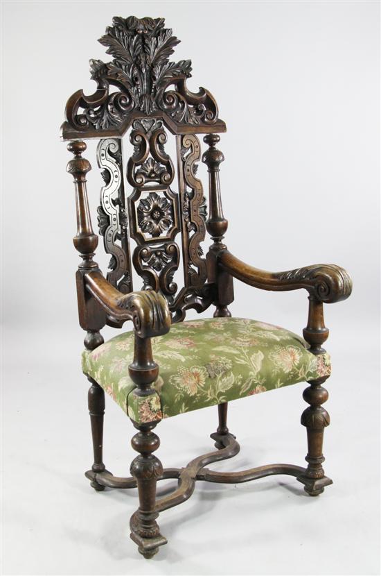 Continental late 17th century style carved beech high back open armchair(-)